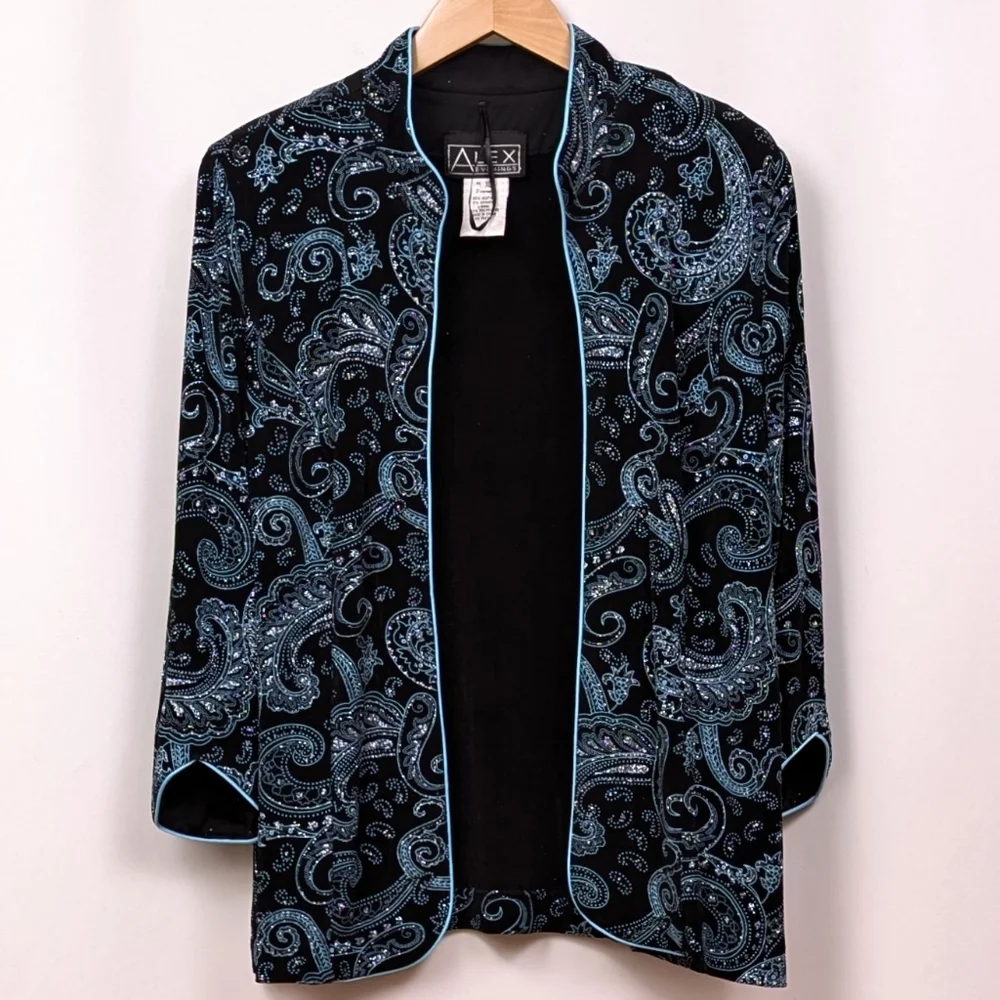 Alex Evenings Jacket & Sleeveless Top Paisley Sparkle Mandarin Collar Dressy XL